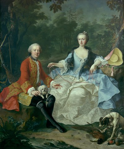 Graaf Giacomo Durazzo 1717-1794 als jager met zijn vrouw, waarschijnlijk begin 1760s door Martin van Meytens