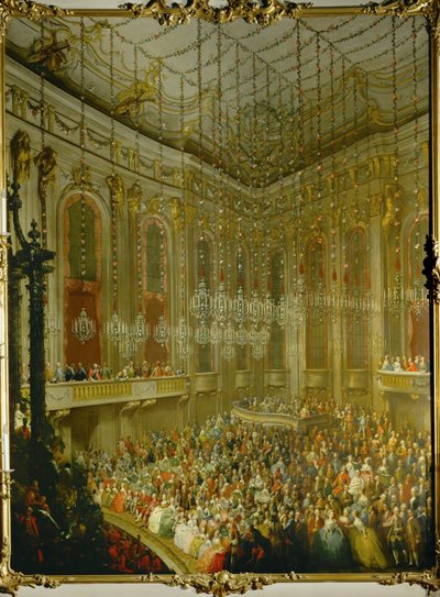 Huwelijksconcert voor keizer Jozef II en Isabella van Parma;serenade in de Redoutensaal in het keizerlijk paleis van Wenen ... (olieverf op doek) door Martin van Mytens or Meytens