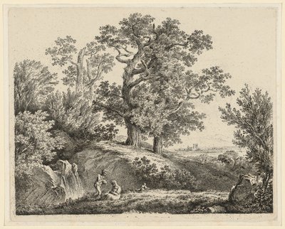 Landschap met een Waterval en een Rustende Familie door Martin von Molitor