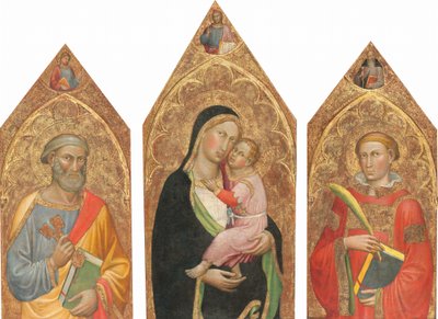 Madonna en Kind met de zegenende Christus, en heiligen Petrus, Jacobus Major, Antonius Abt en een diakenheilige [gehele drieluik] door Martino di Bartolomeo