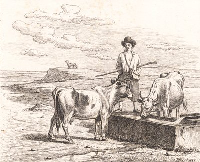 Een herdersjongen bij een drinkbak. Illustratie voor Chr. Winther "Vijfentwintig Beelden voor kleine Kinderen" door Martinus Rørbye