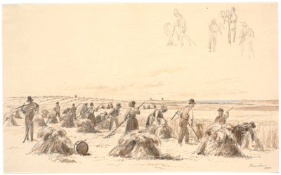 Oogstwerkers op het veld. Op de achtergrond molens en de zee door Martinus Rørbye