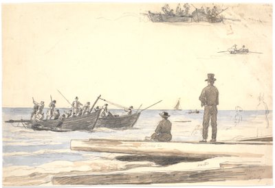Twee vissersboten varen naar het strand van Skagen door Martinus Rørbye