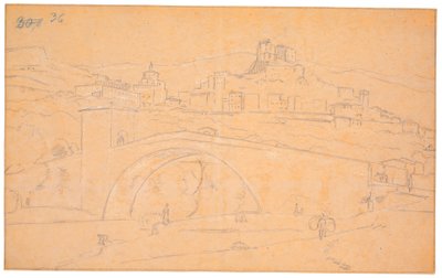 Italiaans landschap met een brug over een rivier en de stad Subiaco op de achtergrond door Martinus Rørbye