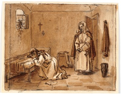 Compositiestudie met een huilende vrouw op haar knieën, een brief op de grond, achter haar een non door Martinus Rørbye