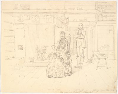 Noorse boerderij met "Anne Oles Datter en Ole Christofersøn Gulsvig" door Martinus Rørbye