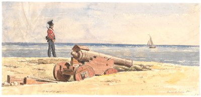 Wachtpost en kanon op het strand bij Frederikshavn door Martinus Rørbye