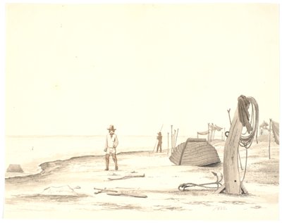 Strandpartij met omgekeerde boot en twee vissers door Martinus Rørbye