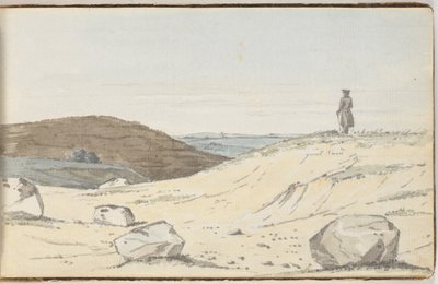Uitzicht over een heide- of duinlandschap. Op de voorgrond enkele grote heuvels; op een van hen staat een man en kijkt uit over de vlakte door Martinus Rørbye