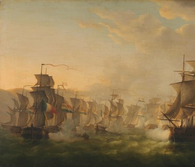 Botsing van de Nederlandse en Britse vloten tijdens de passage van het Nederlandse flottielje naar Boulogne (1804) door Martinus Schouman (signed by artist)