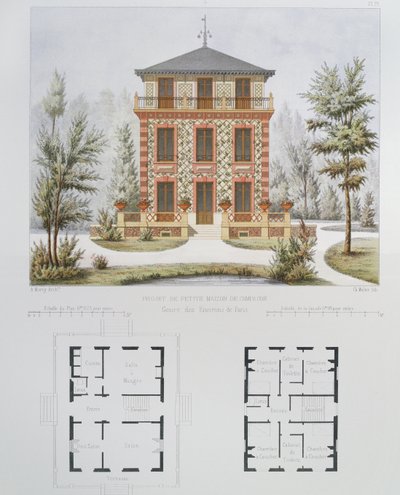 Project voor een klein landhuis nabij Parijs, gegraveerd door Walter, plaat 18 uit Architecture Pittoresque et Moderne door Marty