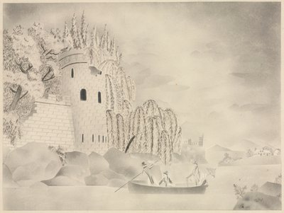 De eenzame toren (kasteel aan een rivier met wilgen en een boot) door Mary Altha Nims