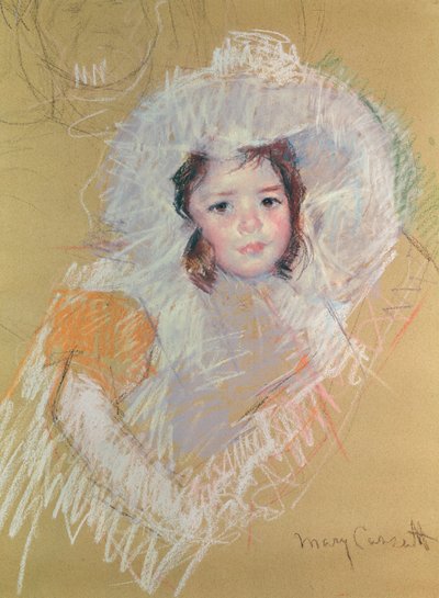 Buste van een jong meisje of Margot Lux met een grote hoed door Mary Cassatt