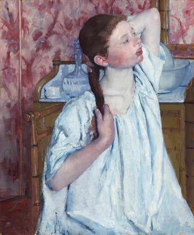 Meisje dat haar haar arrangeert door Mary Cassatt