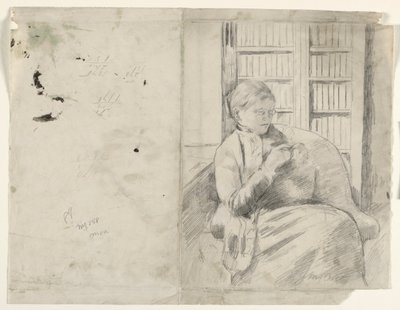 Breien in de bibliotheek (recto), ca. 1881 door Mary Cassatt
