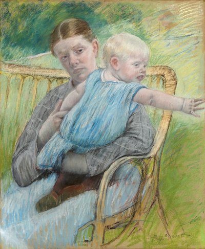 Mathilde Houdt een Baby die naar Rechts Reikt, c.1889 door Mary Cassatt
