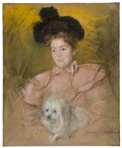 Vrouw in Frambozenkostuum met een Hond, c. 1901 door Mary Cassatt