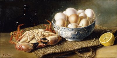 Een Krab en een Kom met Eieren op een Mand, met een Fles en een Halve Citroen door Mary E. Powis