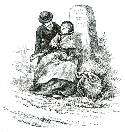 Een behoeftige, ongehuwde moeder uitgeput gevonden op weg naar het armenhuis met haar baby. Scène die doet denken aan een roman van Thomas Hardy maar niet ongewoon in landelijke gebieden in het hele land. Illustratie door Mary Ellen Edwards ca. 1881 door Mary Ellen Edwards
