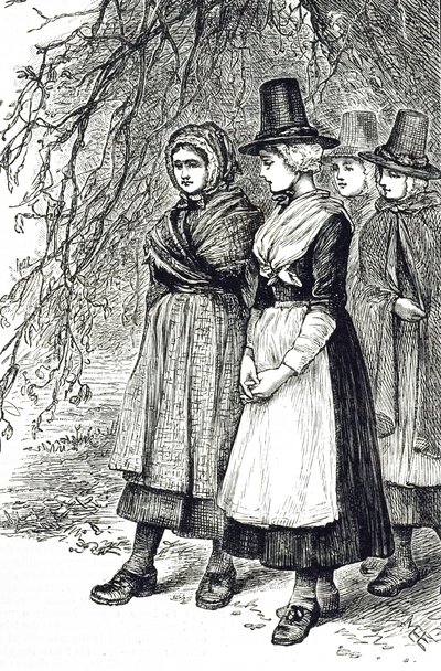Een gravure die Welshe meisjes afbeeldt op een Hollantide Fair, een huurbeurs, wachtend om als dienstmeisjes aangenomen te worden door Mary Ellen Edwards