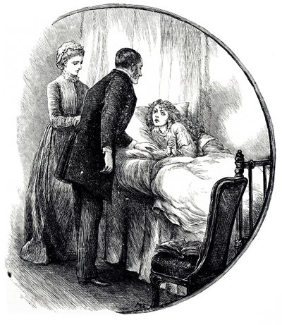 Een gravure die een dokter afbeeldt die zijn jonge patiënt thuis bezoekt door Mary Ellen Edwards