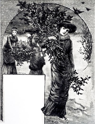 Een gravure die het verzamelen van hulst en groenblijvende planten voor kerstversiering afbeeldt. Geïllustreerd door Mary Ellen Edwards door Mary Ellen Edwards
