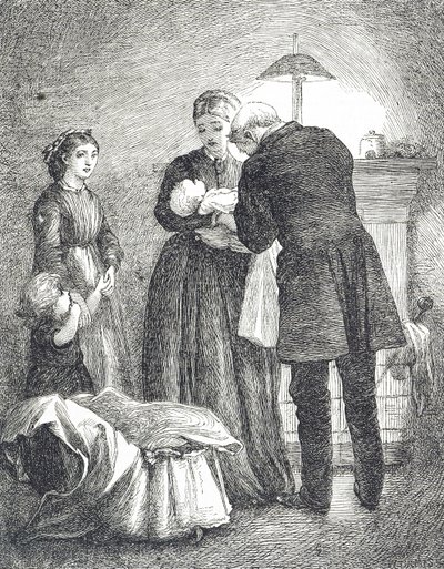 Gravure die een dokter afbeeldt die een baby met mazelen onderzoekt door Mary Ellen Edwards