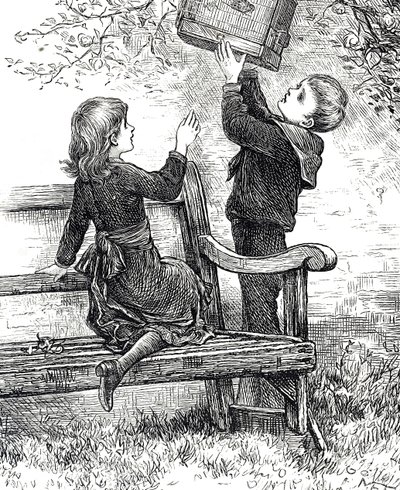 Gravure die kinderen toont met hun huismus in zijn kooi door Mary Ellen Edwards