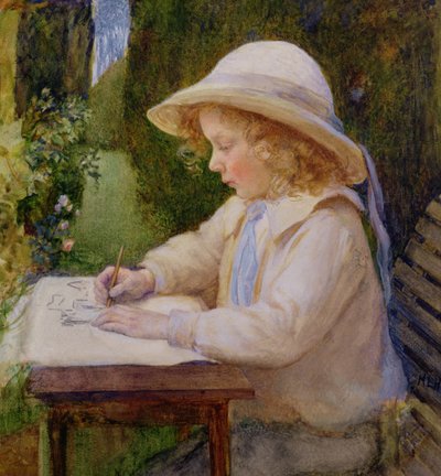 Meisje tekent op een tuintafel (studie) door Mary Harcourt