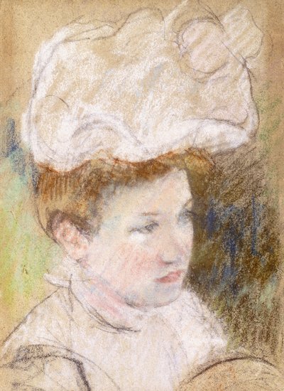 Leontine in een roze pluizige hoed door Mary Cassatt