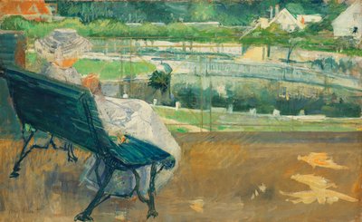 Lydia zittend op een veranda, aan het haken, ca. 1881 door Mary Cassatt