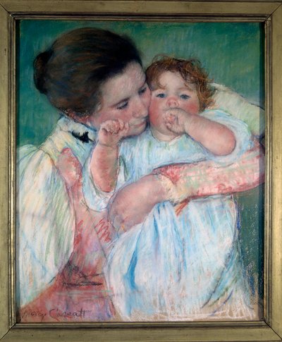 Moeder en kind op groene achtergrond of Moederschap door Mary Stevenson Cassatt