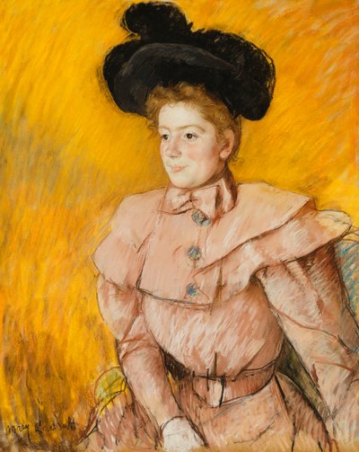 Vrouw met een zwarte hoed en een frambozenroze kostuum door Mary Cassatt