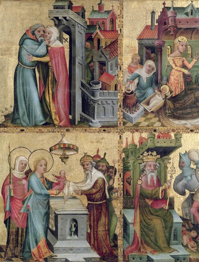 Ontmoeting bij de Gouden Poort en de Presentatie in de Tempel, van het Buxtehude Altaar, 1400-10 door Master Bertram of Minden