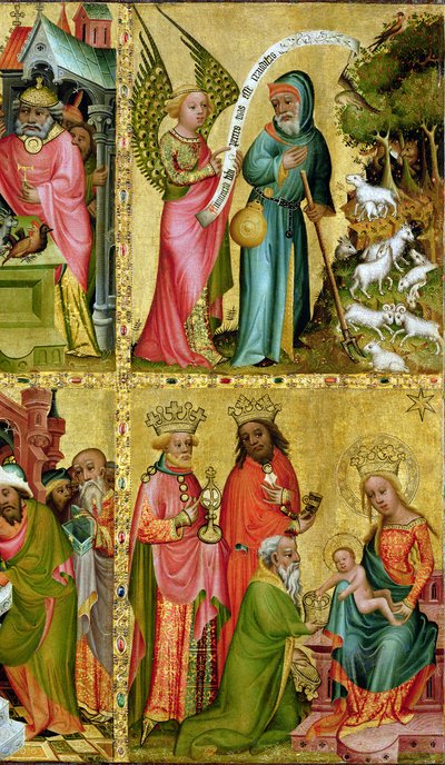 De Annunciatie aan St. Joachim en de Aanbidding der Wijzen, van de linker vleugel van het Buxtehude Altaar, 1400-10 (tempera op paneel) (detail) door Master Bertram of Minden