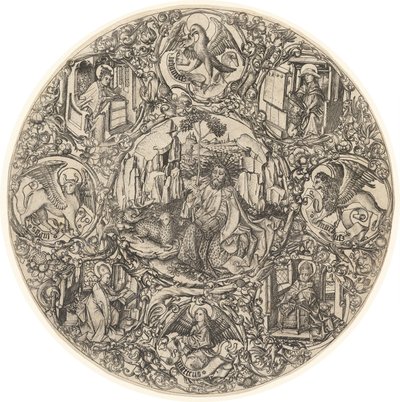 Sint Johannes de Doper in de Wildernis met het Lam van God, Omringd door de Symbolen van de Evangelisten en de Vier Kerkvaders door Master E.S.