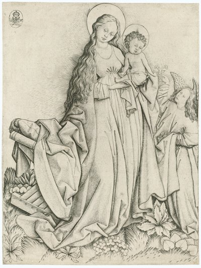 Madonna met engel die rozen geeft door Master E. S.
