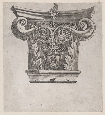 Speculum Romanae Magnificentiae: Kapiteel met peulvruchtvoluten en saterhoofd, ca. 1537 door Master GA