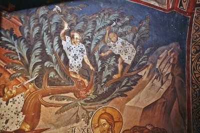 De intocht van Christus in Jeruzalem. Detail: Kinderen die palmboomtakken snijden, 14e eeuw door Master Gerasime