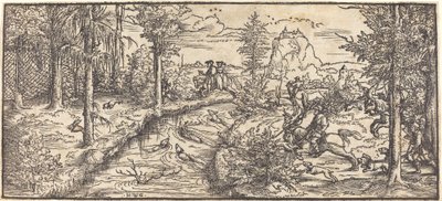Hertenjacht in een landschap door Master H.W.G.