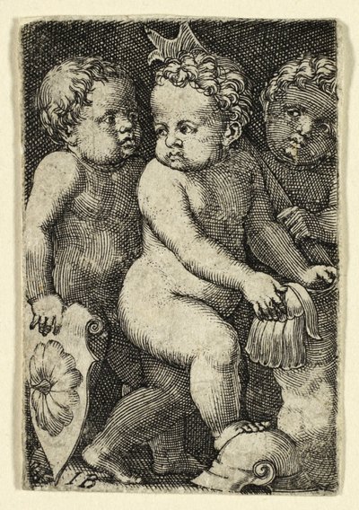 Drie putti met harnas door Master I.B.