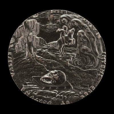 Boek, Schedel, Botten en Ruiter in Landschap [omgekeerd], 1526 door Master M.P.