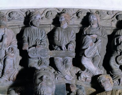 Detail van de Portico de la Gloria met muzikanten door Master Mateo
