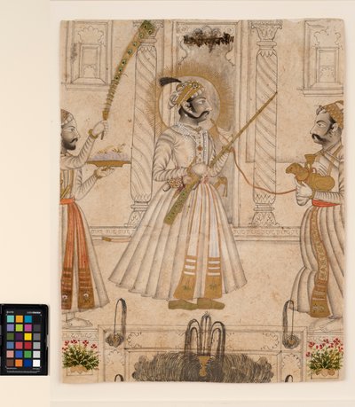 Maharana Amar Singh II rookt een schaapvormige waterpijp, ca. 1705 (dekkende waterverf en goud op papier) door Master Stipple