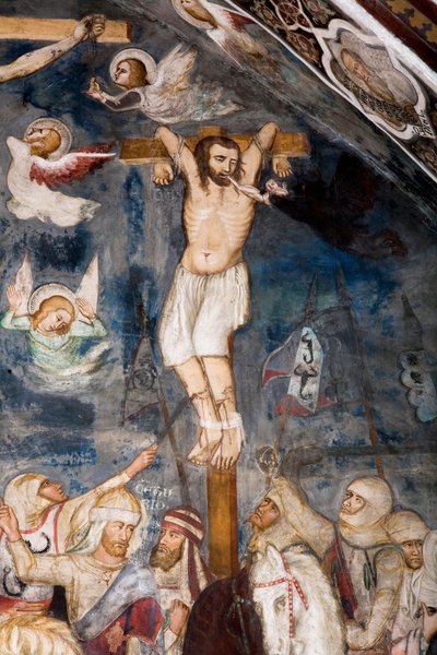 De onberouwvolle dief, gekruisigd met Jezus, zijn ziel wordt uit zijn mond getrokken door een demon. Voorstelling van de slechte dief genaamd Gesmas of Gestas. Fresco door de meester van de Sacro Speco. 14e eeuw. Bovenkerk. Klooster van Sint Benedetto (Sac door Master Trecentesco of Sacro Speco School