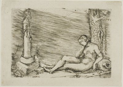Cleopatra liggend aan de voet van een boom, met een term door Master of 1515