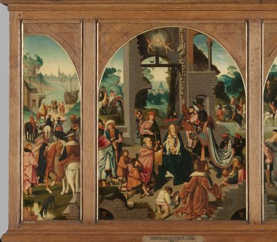 Drieluik met Aanbidding der Wijzen (midden en binnenvleugels), Sint Antonius Abt (links, buitenvleugel) en Sint Adrianus (rechts, buitenvleugel) door Master of Alkmaar (attributed to)