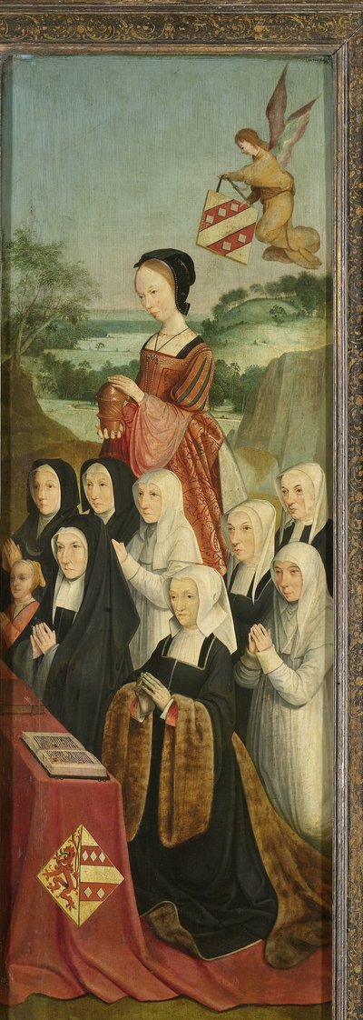 Gedenkplaat met negen vrouwelijke portretten, waarschijnlijk Kathrijn Willemsdr van der Graft en familie, met Sint Maria Magdalena en de families Van Soutelande en Van der Graft-Van Soutelande, binnenste rechtervleugel van een altaarstuk door Master of Alkmaar