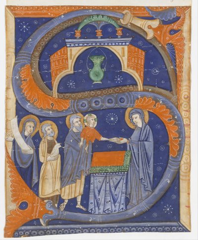 Manuscript Verlichting met de Presentatie van Christus in de Tempel in een Initiaal S door Master of Bagnacavallo