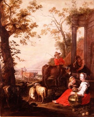 Boeren en vee bij een klassieke fontein door Master of Beguins